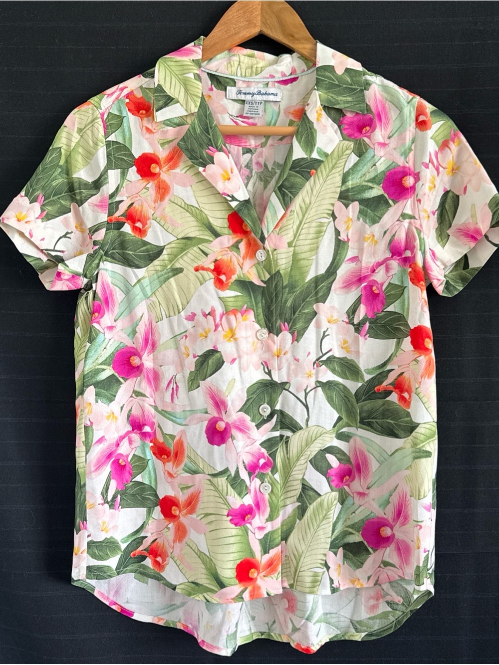 Tommy Bahama Womens XXS Aloha Shirt Orchid Floral Tropical Hawaii Short Sleeve